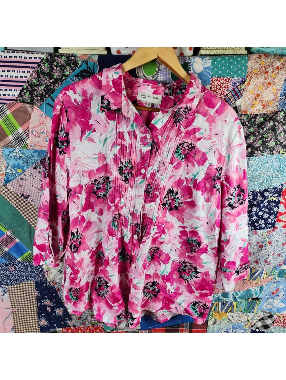 Jones New York Sport Linen Pintuck Pink Floral Blouse - XL